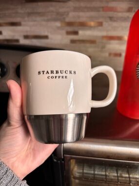 Starbucks Cream white and Silver Ceramic Mug w rubber bottom